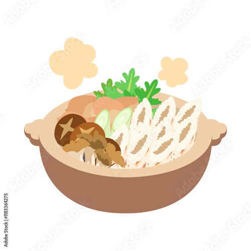 きりたんぽ鍋。フラットなベクターイラスト。
Kiritanpo hot pot. Flat vector illustration.