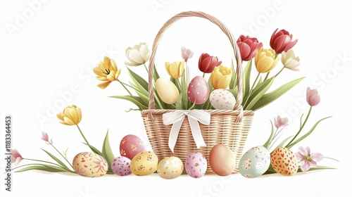 Wallpaper Mural Easter'Day Easter Eggs Easter Tulip Easter basket with colorful eggs and blooming flowers Torontodigital.ca