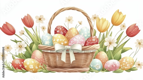 Easter'Day Easter Eggs Easter Tulip Easter basket filled with colorful eggs and flowers