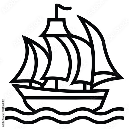 A simple ship outline with sails and waves below, vector style.