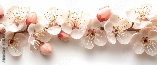 Delicate peach blossoms arranged horizontally on white background.