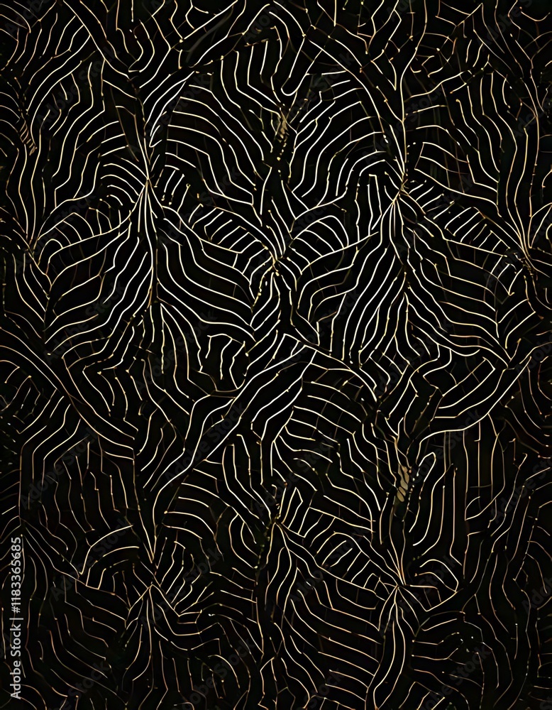 Symmetrical, intersecting gold lines create an intricate geometric pattern on black. Symmetrical, intersecting gold lines create an intricate geometric pattern on black.
