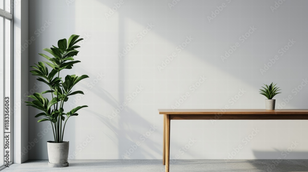 Empty wooden table illuminating minimalist workspace with potted plants Empty wooden table illuminating minimalist workspace with potted plants