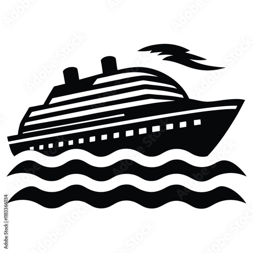 A simple ship outline with sails and waves below, vector style.