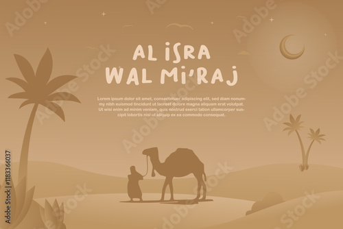 Isra miraj background with camel illusrtation and text area, the night journey prophet