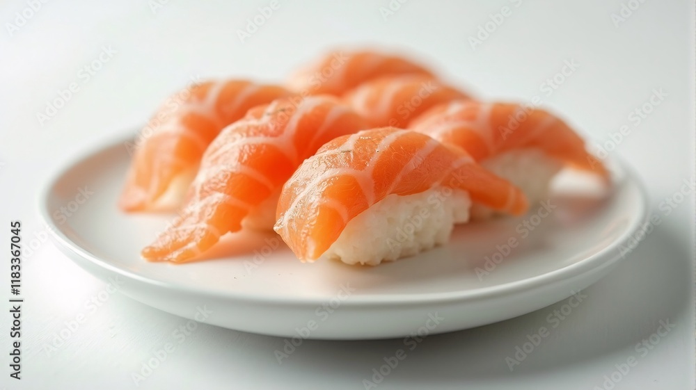 Fresh salmon nigiri sushi on a white plate with clean background. Ideal for modern Japanese food posters, vibrant textures, studio lighting, high resolution. Fresh salmon nigiri sushi on a white plate with clean background. Ideal for modern Japanese food posters, vibrant textures, studio lighting, high resolution.
