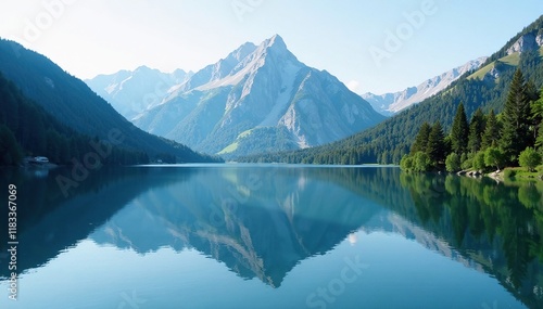 Wallpaper Mural Serene lake surface reflected in stillness of surrounding mountains, mountain, lake, forest Torontodigital.ca