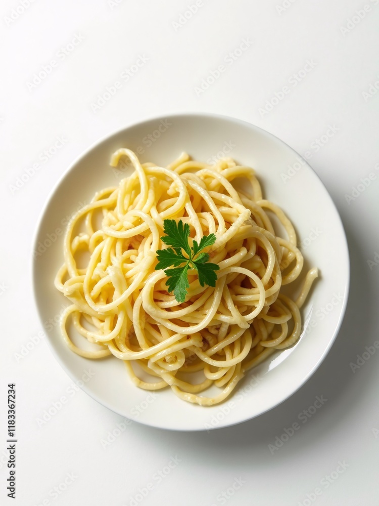 Creamy linguine pasta on a white plate with clean background. Ideal for Italian food posters, realistic textures, sharp focus, studio lighting, 8K. Creamy linguine pasta on a white plate with clean background. Ideal for Italian food posters, realistic textures, sharp focus, studio lighting, 8K.