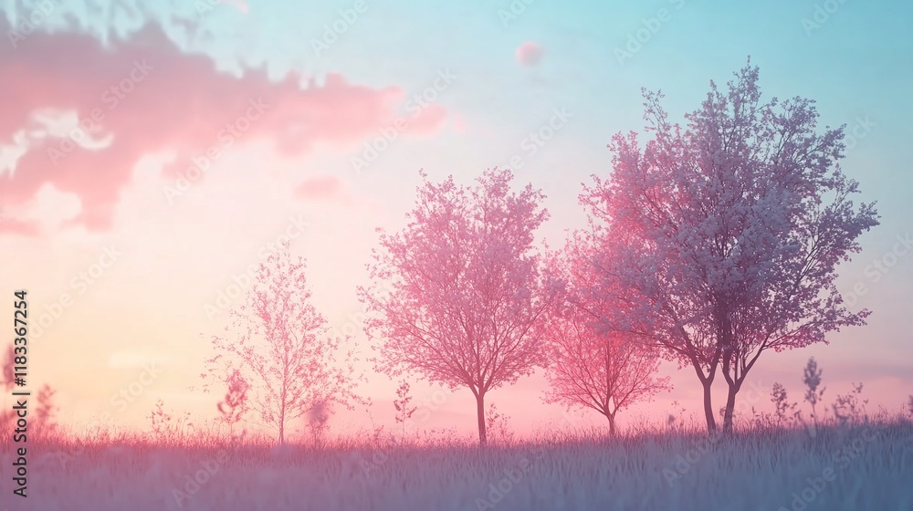 Pastel sunset landscape with silhouetted trees in a field. Pastel sunset landscape with silhouetted trees in a field.