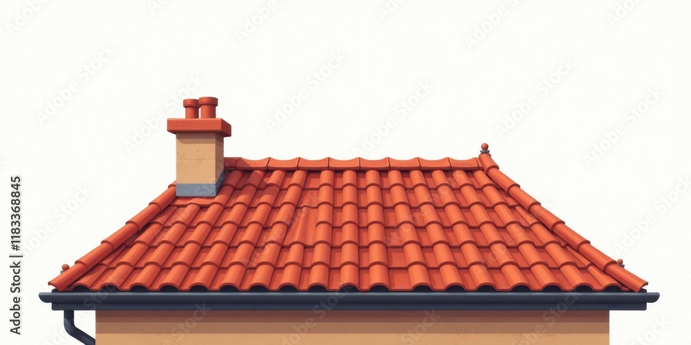 Fototapeta premium A Detailed Illustration of a House Roof with Clay Tiles and Chimney
