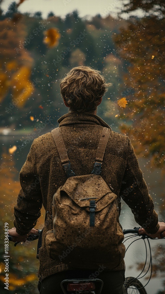 Fototapeta premium Autumn ride through falling leaves. AI.