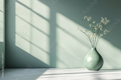Green ceramic vase with baby’s breath flowers in sunlight on a table.
