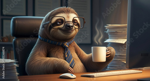 sloth office worker with a cup of coffee . Generative AI