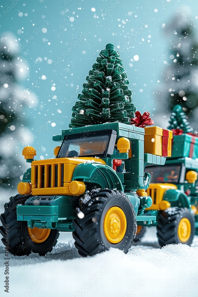A toy truck carries a Christmas tree and presents through a snowy landscape. AI. A toy truck carries a Christmas tree and presents through a snowy landscape. AI.