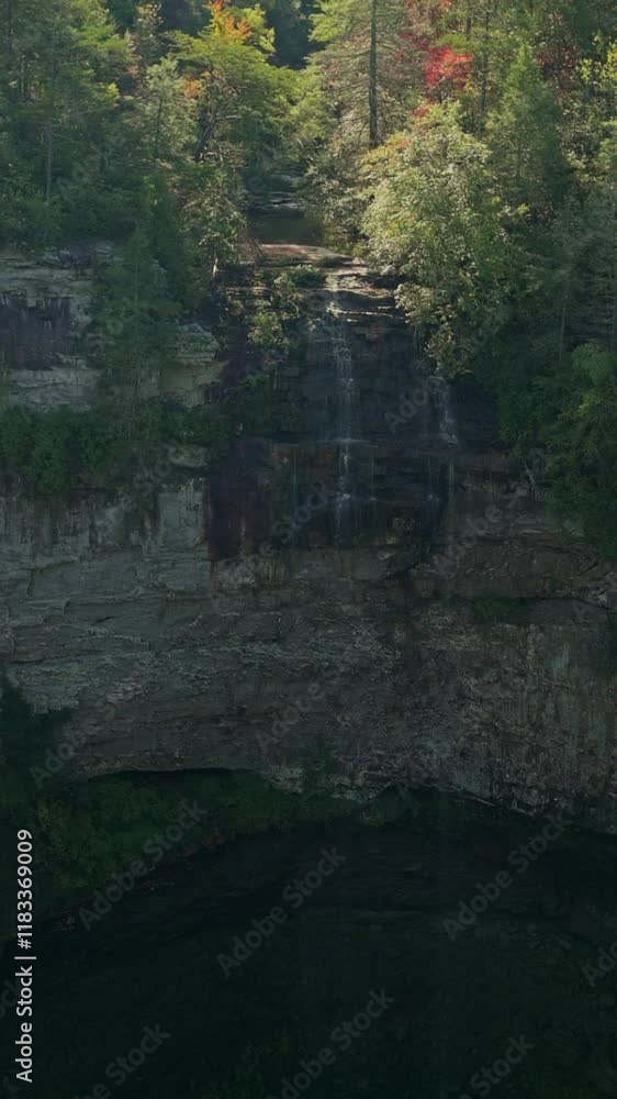 Vertical screen Serene Waterfall Cascading Through Lush Green Forest peaceful waterfall gently cascading through rocky cliff, surrounded by vibrant green trees nature, tranquility, scenic beauty. Vertical screen Serene Waterfall Cascading Through Lush Green Forest peaceful waterfall gently cascading through rocky cliff, surrounded by vibrant green trees nature, tranquility, scenic beauty.