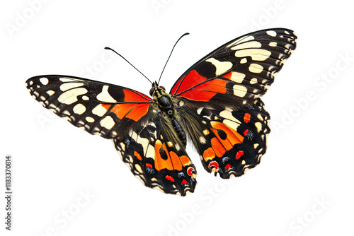 A large orange and black butterfly with a white spot on its wing , isolated on white background photo