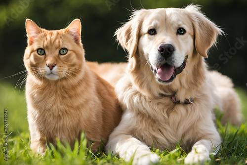 The British Shorthair cat and Golden Retriever make a charming pair, known for their friendly and calm nature. photo