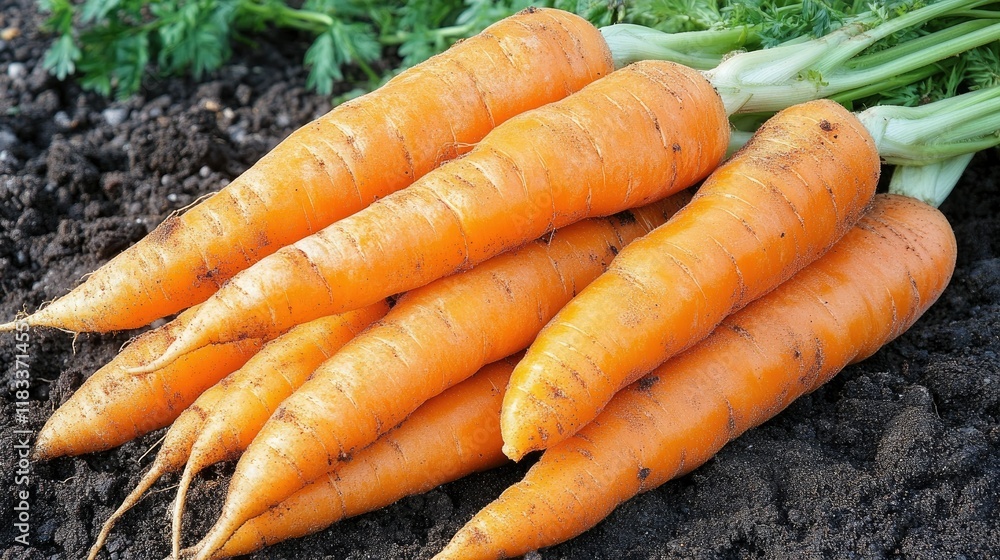 Detailed view of orange carrots freshly pulled from the ground, covered in soil, with blank space available. Detailed view of orange carrots freshly pulled from the ground, covered in soil, with blank space available.