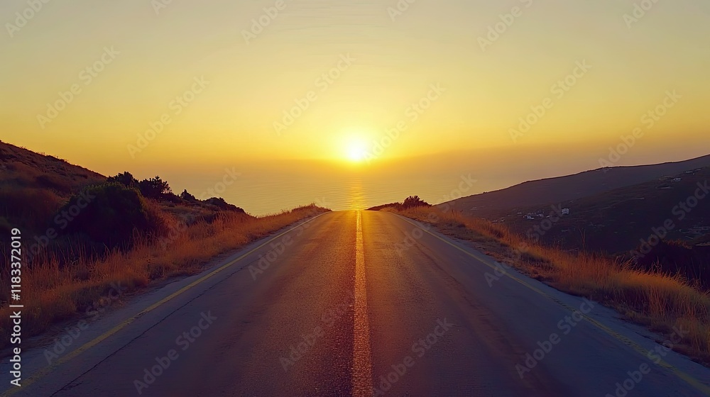 Fototapeta premium Empty road stretching into the horizon at sunset, evoking freedom and the limitless opportunities of travel.
