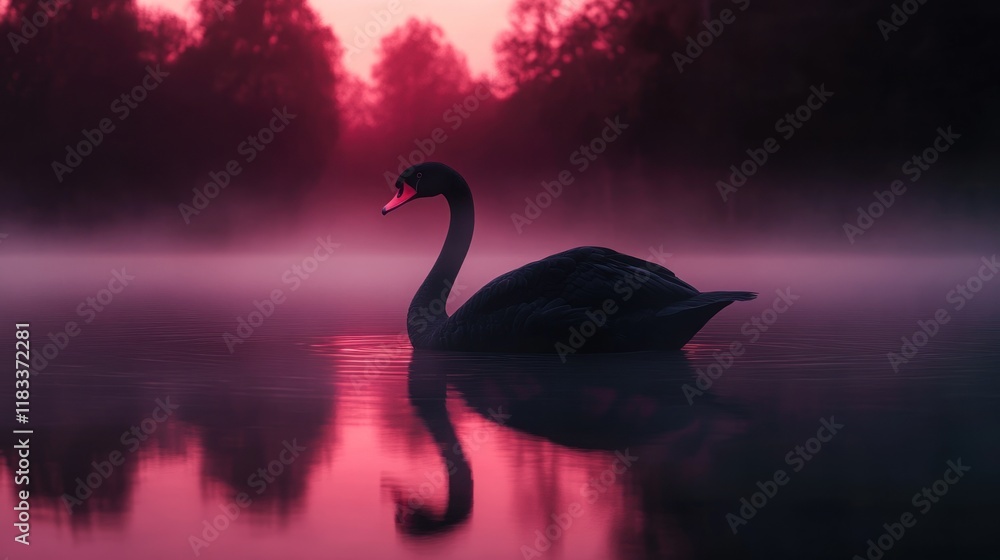 Fototapeta premium Black swan swimming serene lake, misty dawn, red sky, nature photography