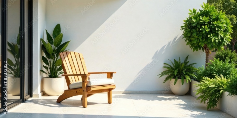 Fototapeta premium Serene Patio with Wooden Chair and Lush Greenery