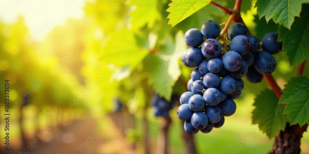 Sunlit Vineyard A Cluster of Ripe Dark Grapes Hanging on the Vine Sunlit Vineyard A Cluster of Ripe Dark Grapes Hanging on the Vine