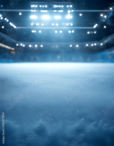 winter ice rink scene sport floor blue empty spotlights snow mist texture illuminated stadium hockey competition skate 