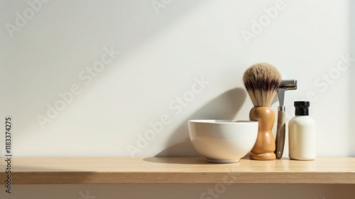 Sunlit wooden shelf displays shaving accessories brush, razor, bowl, lotion