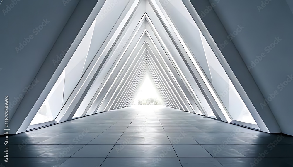 A striking perspective of a triangular hallway with converging lines leads towards a bright distant light source A striking perspective of a triangular hallway with converging lines leads towards a bright distant light source