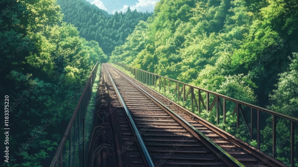 Scenic railway tracks surrounded by lush greenery, stretching into the distance, showcasing solo travel inspiration. Scenic railway tracks surrounded by lush greenery, stretching into the distance, showcasing solo travel inspiration.