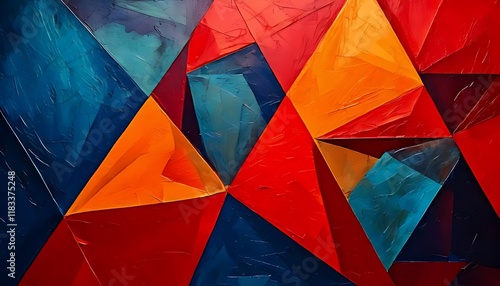 A textured, abstract, geometric painting composed of vibrant, colorful, triangular shapes