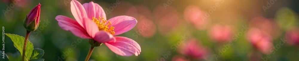 delicate pink flower petals gently touching the yellow stem with green leaves, gentle, garden delicate pink flower petals gently touching the yellow stem with green leaves, gentle, garden