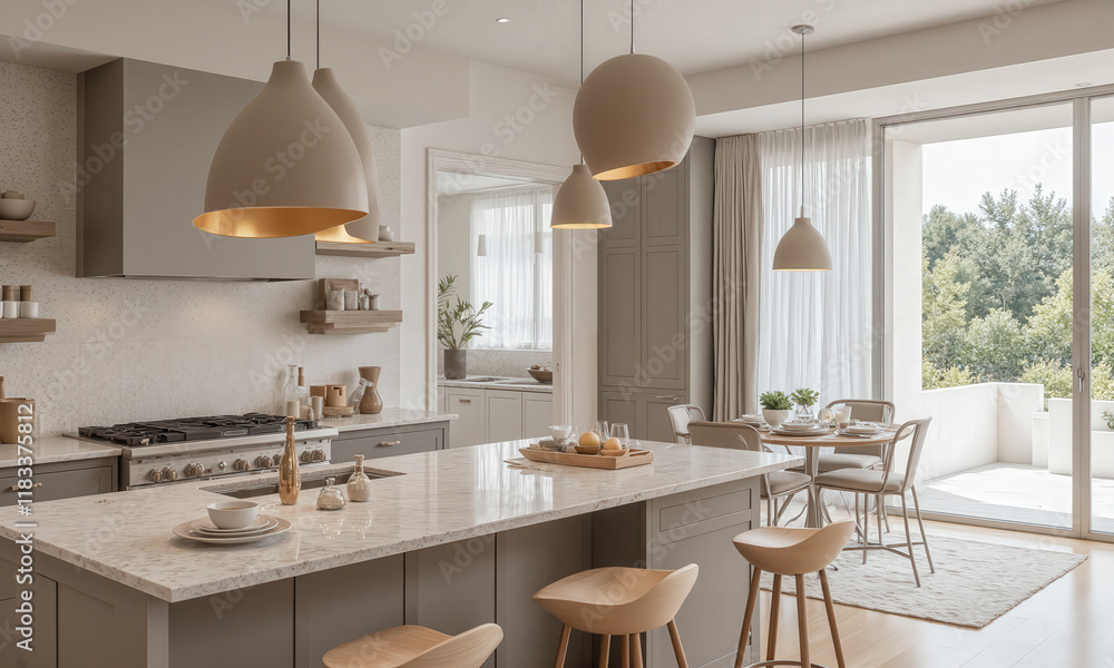 Fototapeta premium Modern mocha mousse pendant lights with sleek, matte domes and warm gold interiors. Suspended in a minimalist kitchen, the pendant