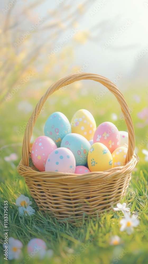 Easter eggs in basket pastel grass celebration.