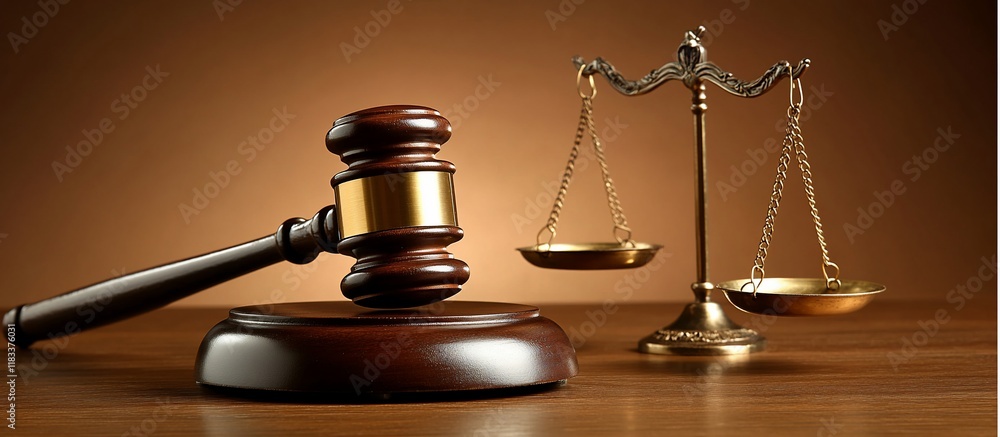 Justice: Gavel and Scales of Justice on Wooden Table Justice: Gavel and Scales of Justice on Wooden Table
