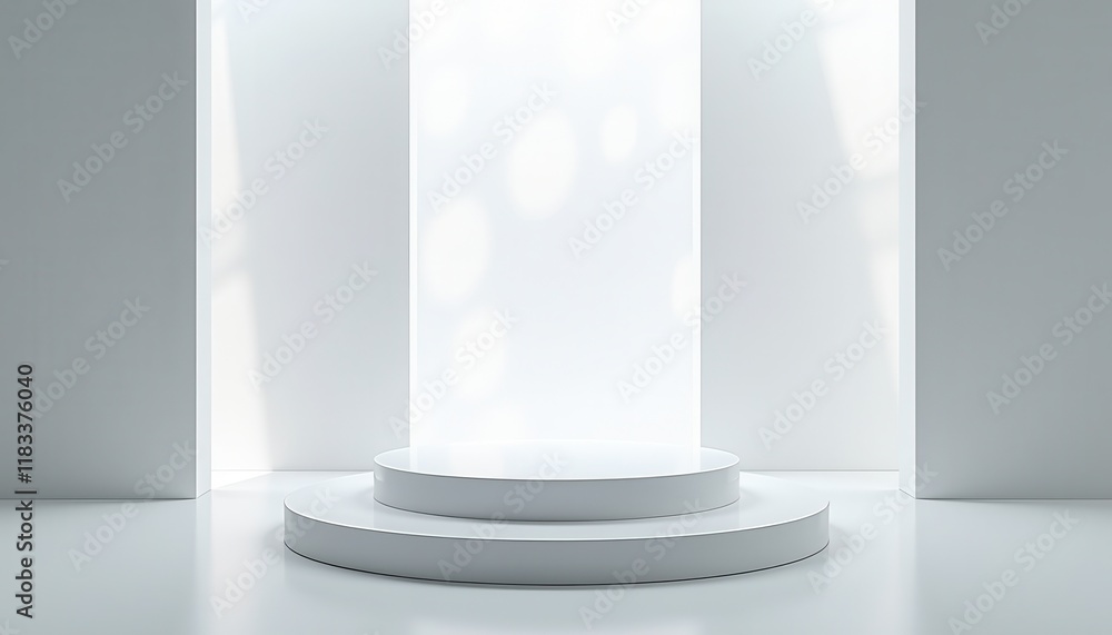 Fototapeta premium A reflective white 3D-rendered space with a translucent podium and geometric light patterns.