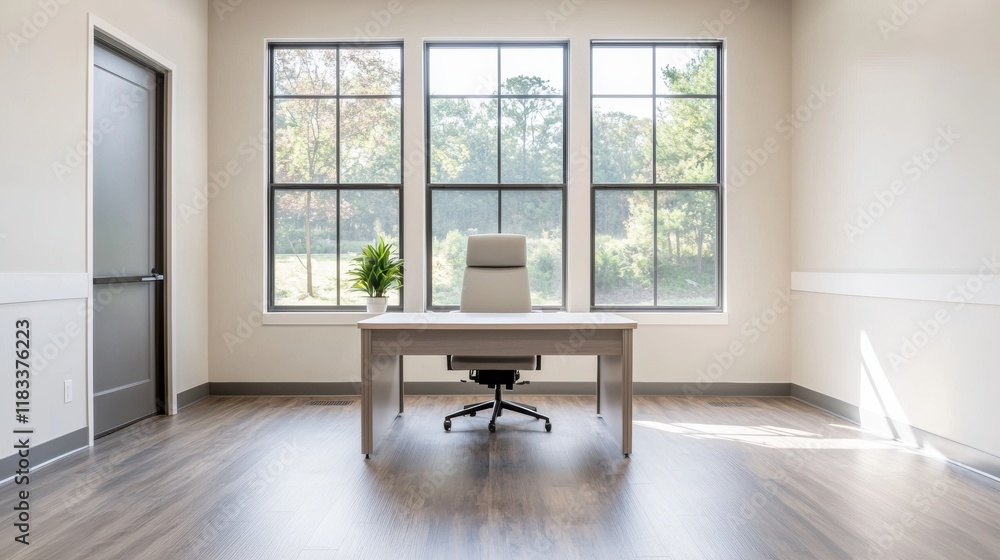 Fototapeta premium Modern office space maximizing natural light with desk and chair