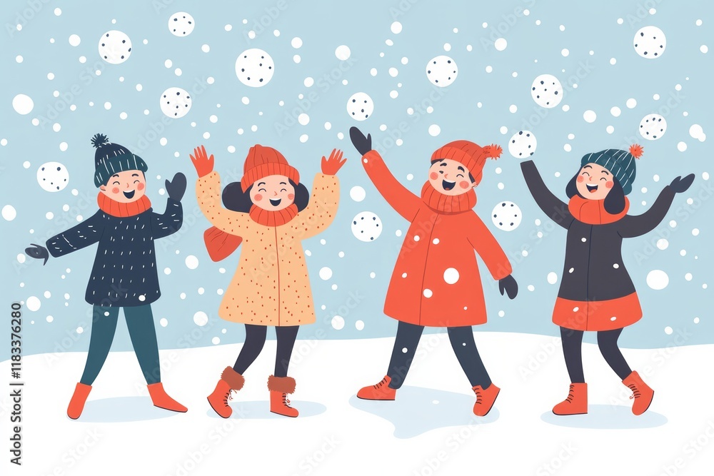 Fototapeta premium Happy winter vacation. Warmly dressed people in the jump. The concept of active rest and joyful pastime.