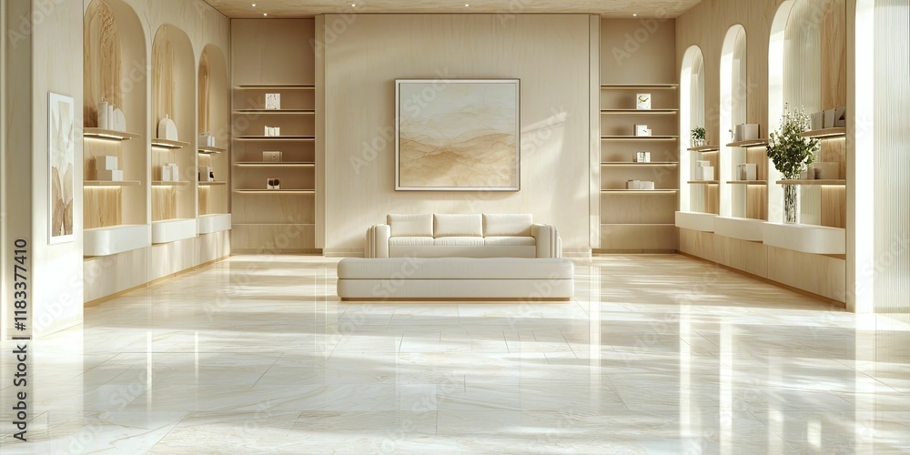 Serene White Room with Oversized White Sofa in Minimalist Interior Design Setting Serene White Room with Oversized White Sofa in Minimalist Interior Design Setting