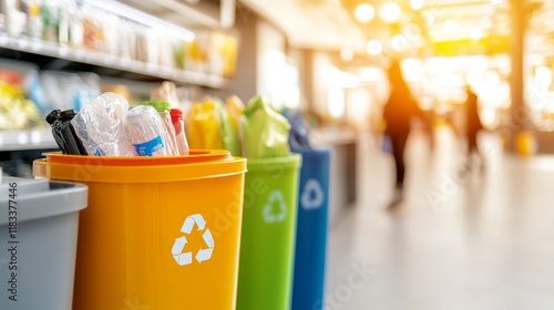 Colorful recycling bins in a modern space promoting waste separation and sustainability. photo