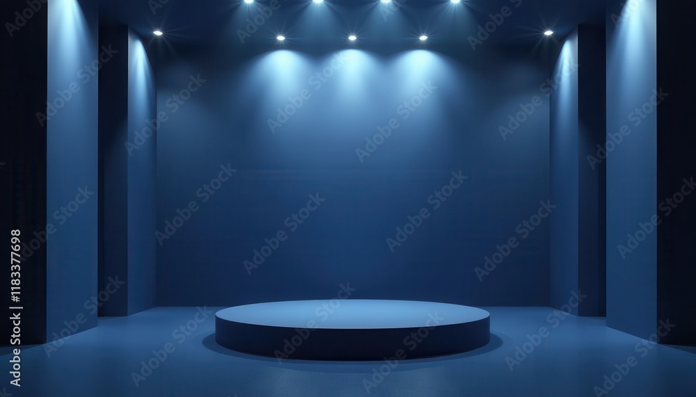 A deep navy blue room in 3D featuring a smooth round podium and glowing backlights.