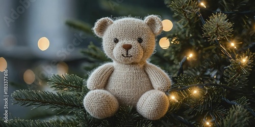 Wallpaper Mural Adorable Teddy Bear Perched on Festive Christmas Tree Branches Torontodigital.ca
