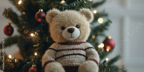 Adorable Teddy Bear Perched on a Festive Christmas Tree Branch