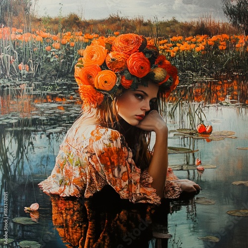 Serene Woman in Orange Flower Crown by the Pond photo