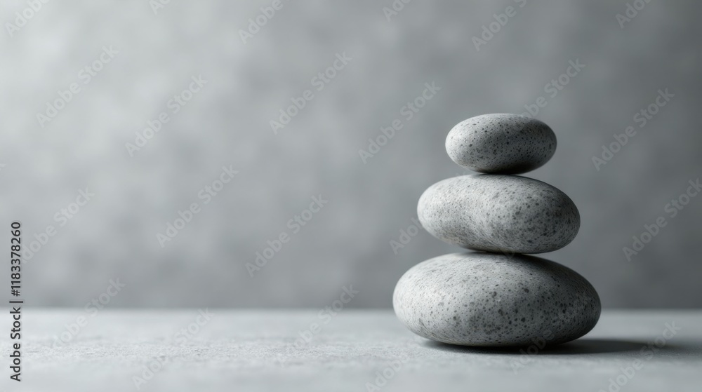 Serene gray stones stacked in a minimalist arrangement on a neutral surface Serene gray stones stacked in a minimalist arrangement on a neutral surface