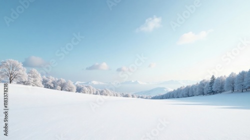 Wallpaper Mural Serene Winter Landscape Snow-Covered Field with Frost-Kissed Trees and Distant Mountains under a Clear Sky Torontodigital.ca
