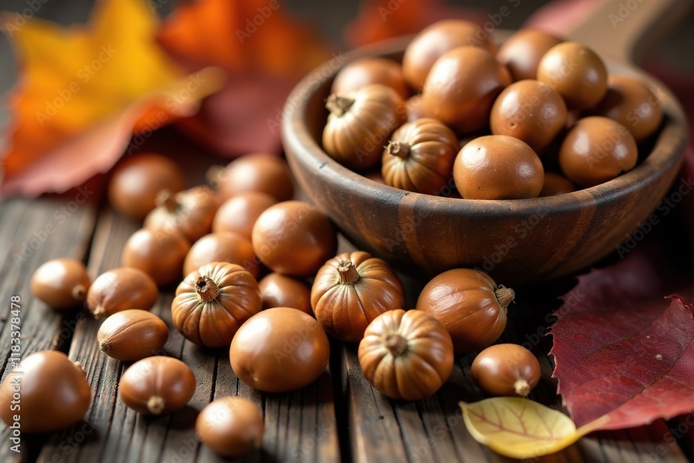 Golden brown hazelnuts scattered on a wooden table, rustic, autumn leaves Golden brown hazelnuts scattered on a wooden table, rustic, autumn leaves