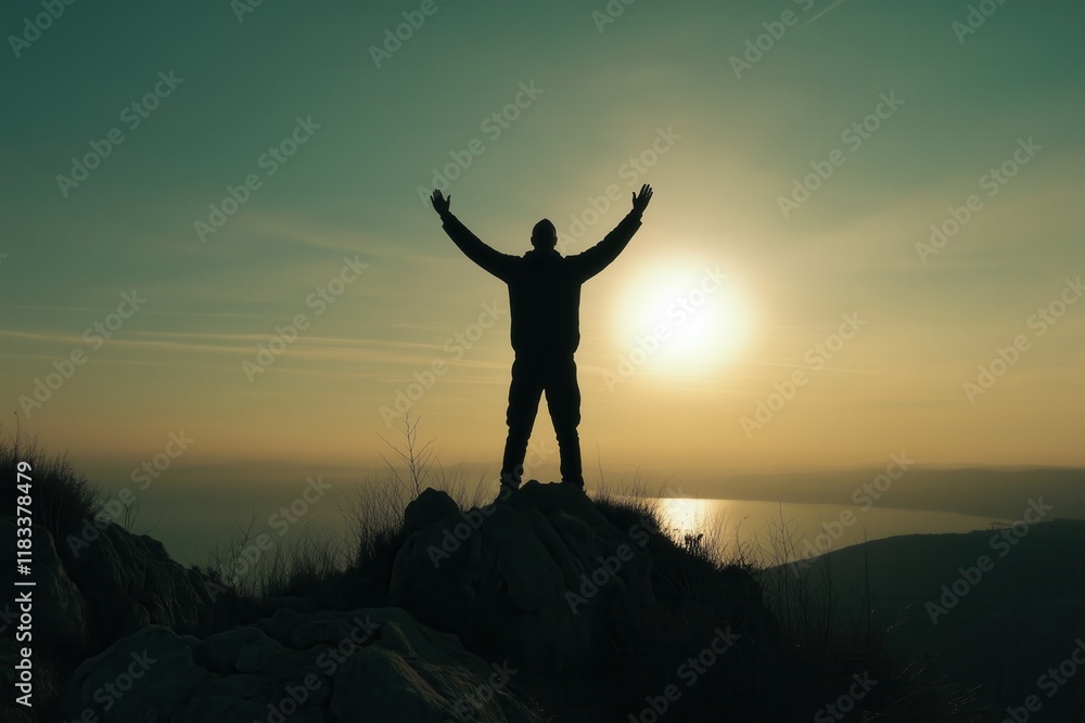 silhouette of a man at the top of the mountain with hands up celebrating silhouette of a man at the top of the mountain with hands up celebrating