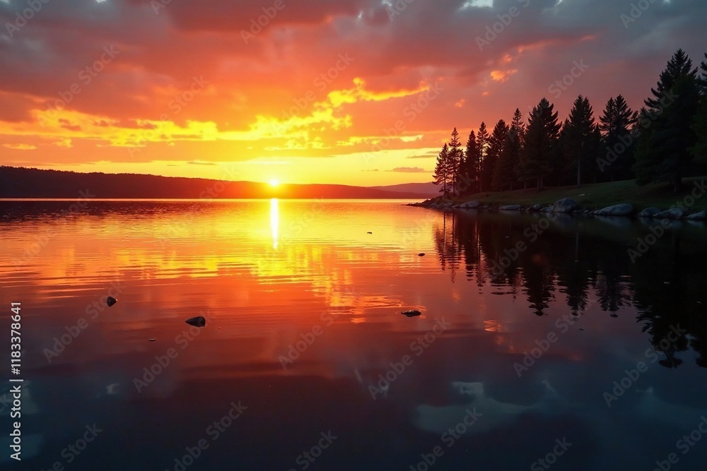 Obraz premium Golden hues dance across the Onega Lake's surface as sunset fades, peaceful water, lake, nature