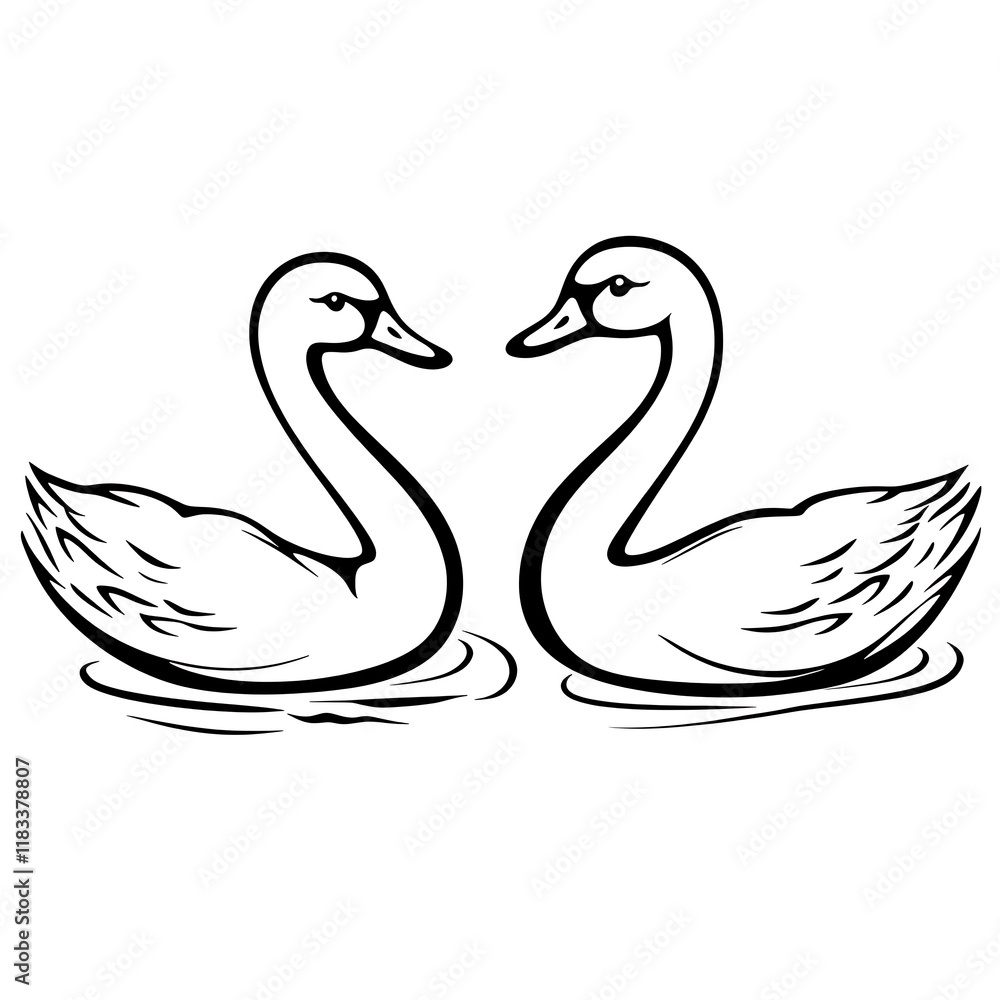 Two swans facing each other on a water's surface. Two swans facing each other on a water's surface.